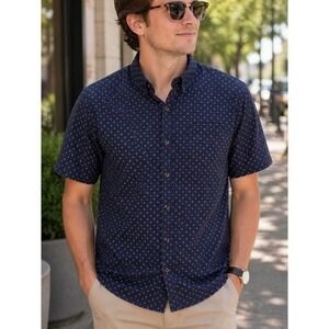 7 Diamonds Mens Button Down Shirt Navy Blue Medium Office Summer Preppy Stretch